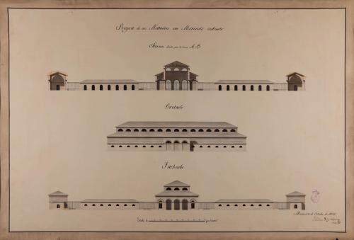 Alzado de la fachada principal y lateral, y sección AB de un matadero con mercado cubierto