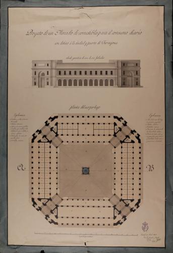 Planta baja y alzado de una de sus fachadas de un mercado de comestibles para el consumo agrario, con destino a la ciudad y puerto de Tarragona
