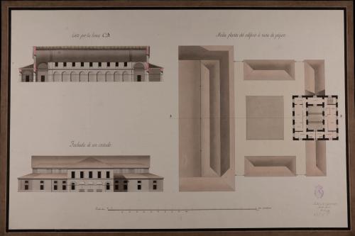 Media planta del edificio a vista de pájaro, alzado de la fachada lateral y sección CD de un mercado o plaza de abastos y alhóndigas para la venta de varias semillas, en el sitio que ocupaba el convento de San Francisco y su plaza en Jerez de la Fronte