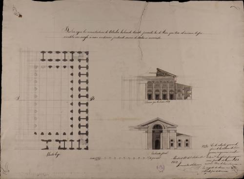 Planta baja, alzado de la fachada principal y sección AB  una basílica al estilo de la de Jano adaptada a los usos modernos, que puede servir como bolsa o mercado