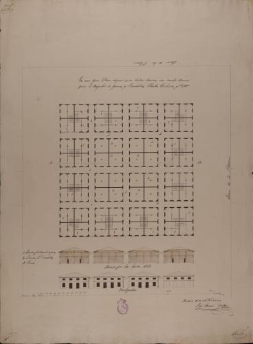 Planta, alzado de la fachada y sección AB una gran plaza con tiendas para el despacho de géneros y comestibles