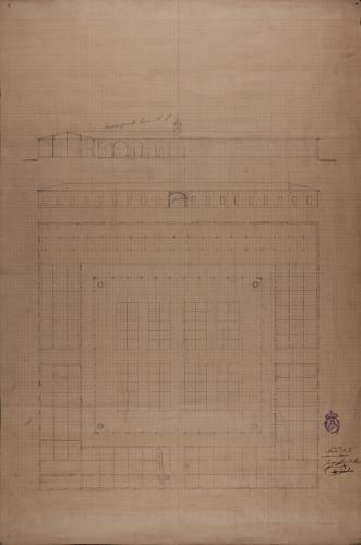 Planta, alzado de la fachada principal y sección AB de un mercado