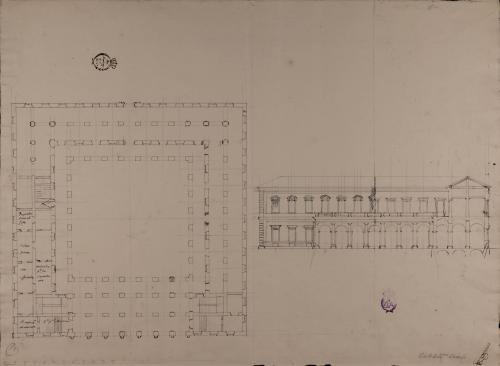 Planta y mitad del alzado de la fachada principal y de la sección de un peso real para Madrid