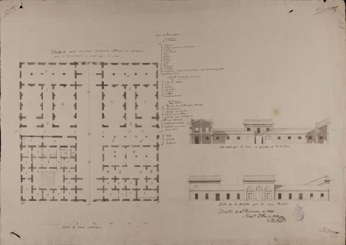 Planta, alzado de la fachada principal y sección A.B.B.B.A de una casa para almacén de maderas con habitación para el administrador y cuarto para el mozo