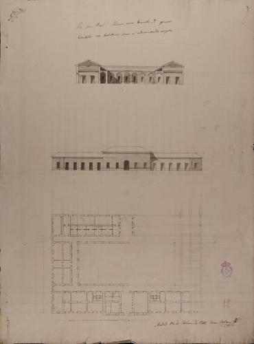 Planta, alzado de la fachada principal y sección de un peso real o almacén para despacho de géneros comestibles, con habitación para el administrador y mozos