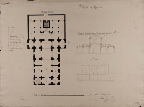 Planta principal, alzado de la fachada principal y sección AB de una fábrica de alfarería con habitación para el dueño