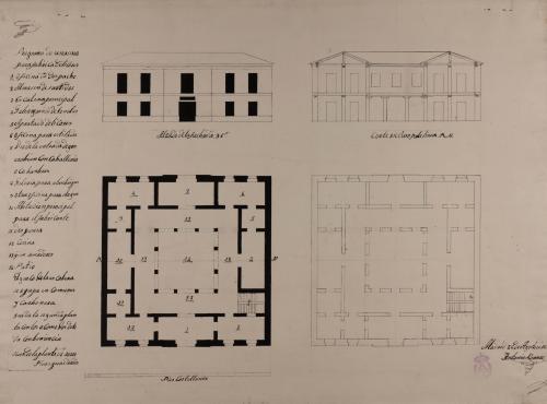 Plantas, alzado de la fachada y sección AB de una casa para fábrica de aguardientes y licores