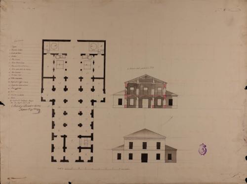 Planta, alzado de la fachada y sección AB casa de alfar con vivienda para el fabricante