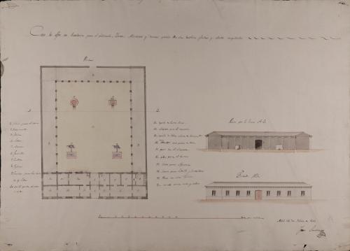 Planta, alzado de la fachada principal y sección AB de una casa de alfar con vivienda para el fabricante