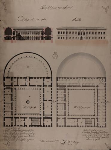 Plantas baja y principal, alzado de la fachada principal y sección AB de un hospital para 100 enfermos