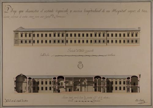 Alzado de la fachada lateral izquierda y sección CD de un hospital capaz para 300 enfermos, con destino a una capital de provincia