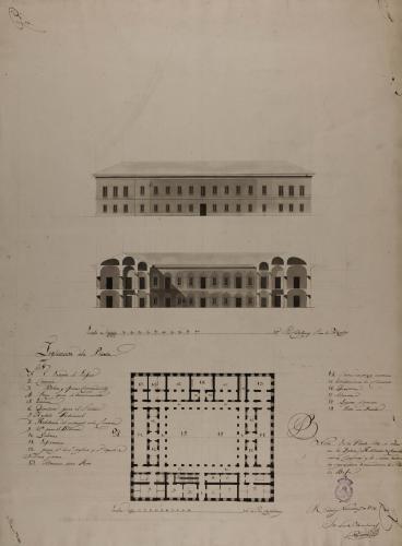 Planta, alzado de la fachada principal y sección AB de un hospital