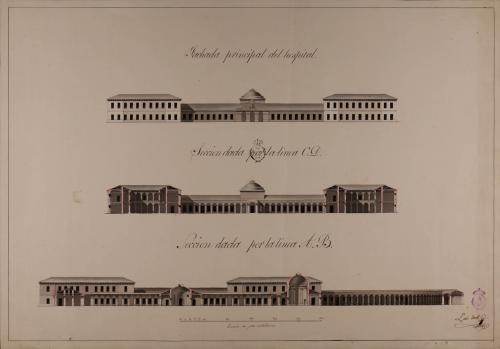 Alzado de la fachada principal y las secciones AB y CD de un hospital