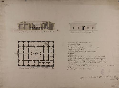 Planta, alzado de la fachada principal y sección 1-2 de un hospital de caridad de 24 camas para un pueblo