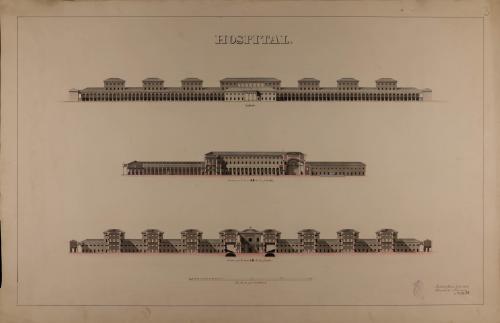 Alzado de la fachada principal y las secciones AB y CD de un hospital