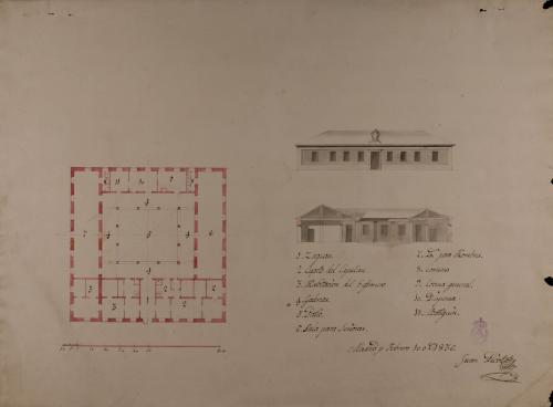 Planta, alzado de la fachada principal y sección de un hospital de caridad de 24 camas para un pueblo