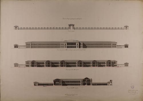 Alzado de la entrada general y la fachada principal, y las secciones AB,CD y EF de un hospital para una capital de provincia