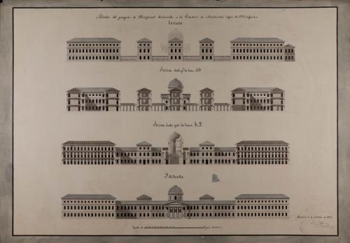 Alzado de la fachada principal y lateral, y las secciones AB y CD de un hospital para Santander, capaz de contener 1.536 enfermos