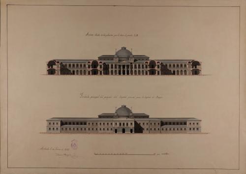 Alzado de la fachada principal y sección CD de un hospital general para Burgos