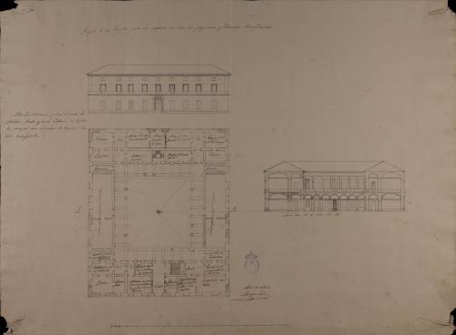 Planta, alzado de las fachada principal y sección AB de un hospital para 100 enfermos