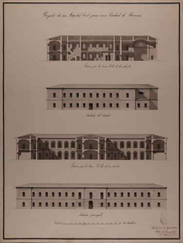 Alzado de la fachada principal y lateral, y las secciones AB y CD de un hospital civil para una capital de provincia