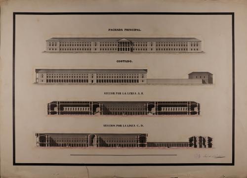 Alzado de la fachada principal y lateral, y las secciones AB y CD de un hospital general