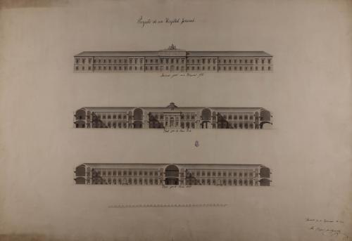 Alzado de la fachada principal y las secciones AB y CD de un hospital general