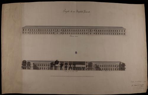 Alzado de la fachada lateral y sección EF de un hospital general