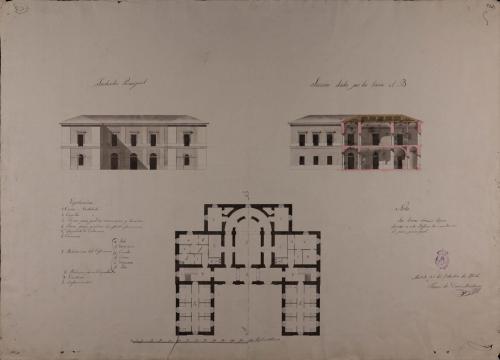 Planta, alzado de las fachada principal y sección AB de un hospital de caridad de 24 camas para un pueblo