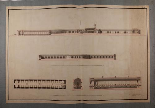 Alzado de la fachada posterior, sección CD de un hospital y planta y sección de una de las salas para los enfermos