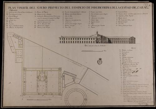 Planta y mitad del alzado de la fachada principal y de la sección de un hospicio de misericordia para Zaragoza