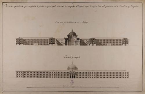 Alzado de la fachada principal y sección AB de un magnífico hospicio capaz de alojar a 3.000 personas de ambos sexos