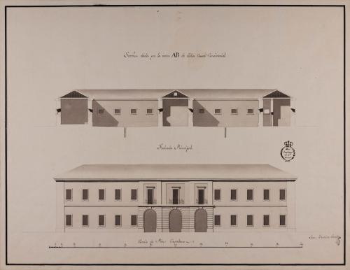 Alzado de la fachada principal y sección AB. de una casa consistorial para un pueblo de 500 vecinos, con cárcel, carnicería y alhóndiga