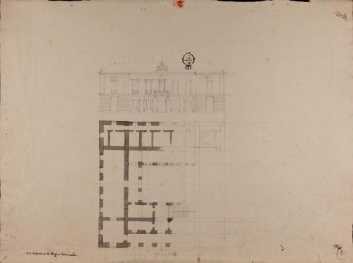 Planta y alzado de la fachada principal de una casa consistorial para un pueblo de 500 vecinos, con alhóndiga, cárcel y carnicería