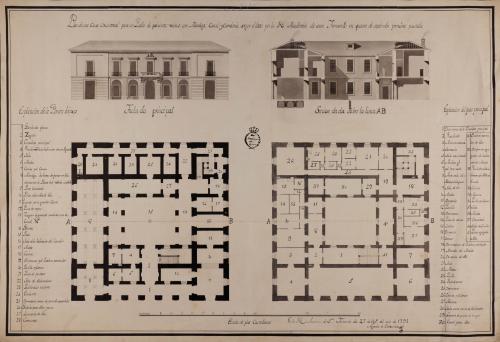 Plantas baja y principal, alzado de la fachada principal y sección AB de una casa consistorial para un pueblo de 500 vecinos, con alhóndiga, cárcel y carnicería.