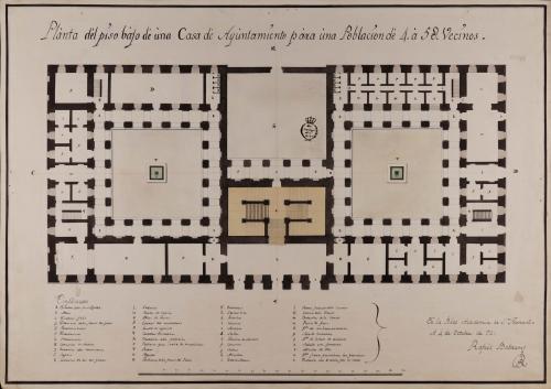 Planta baja de una casa de ayuntamiento para una población de 4.000 a 5.000 vecinos.