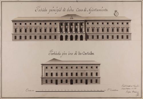 Alzado de las fachadas principal y lateral de una casa de ayuntamiento para una población de 4.000 a 5.000 vecinos