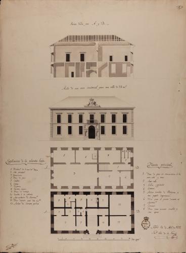 Plantas baja y principal, alzado de la fachada principal y sección AB de una casa consistorial para una villa de 2.000 vecinos