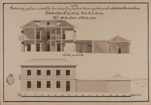 Alzado de la fachada lateral y sección AB de una casa de ayuntamiento de la Calzada de Calatrava, partido de Ciudad Real 