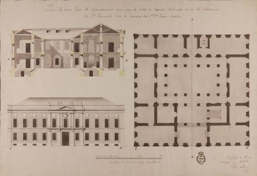 Planta, alzado de la fachada principal y sección AB de una casa de ayuntamiento para Granada