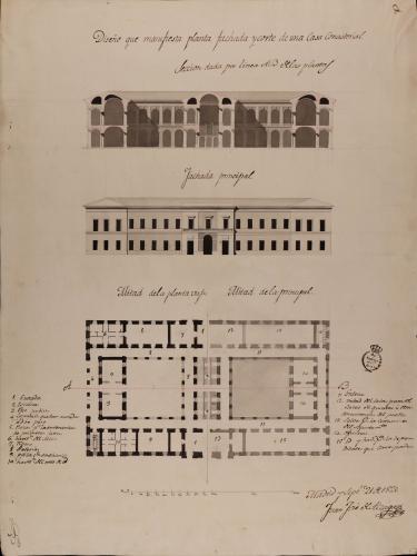 Mitad de las plantas baja y principal, alzado de la fachada principal y sección AB. de una casa consistorial. 