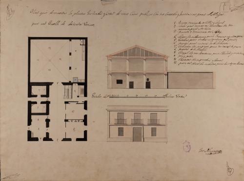 Planta, alzado de la fachada principal y sección de una casa pública con sus cárceles y habitación para el alcaide, de un pueblo de 200 vecinos