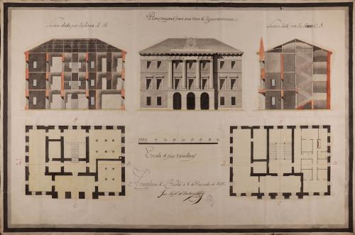 Plantas baja y principal, alzado de la fachada principal y las secciones AB y CD para una casa ayuntamiento