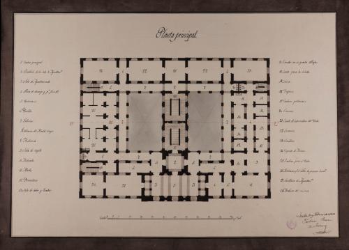 Planta principal de una casa consistorial para una población de 2.000 vecinos en la Mancha, con escuela de primera enseñanza, cárcel, pósito y habitación para el alcaide