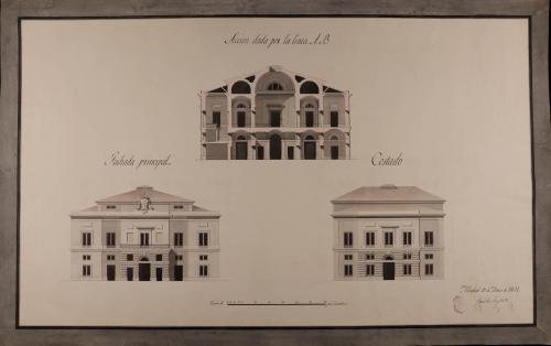 Alzado de las fachadas principal y lateral, y la sección AB de una casa consistorial para la ciudad de Almagro, en la provincia de La Mancha