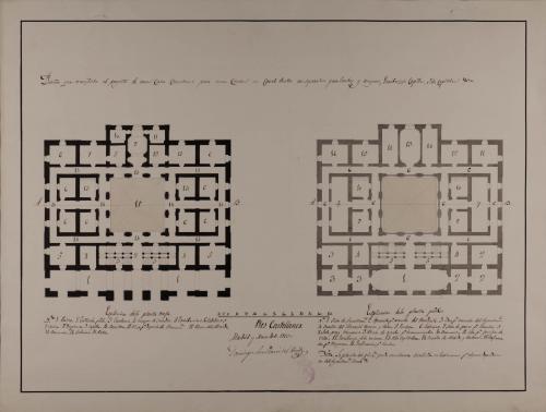 Plantas baja y principal de una casa consistorial para una ciudad, con cárcel para hombres y mujeres, escribanías, capilla, sala capitular, etc