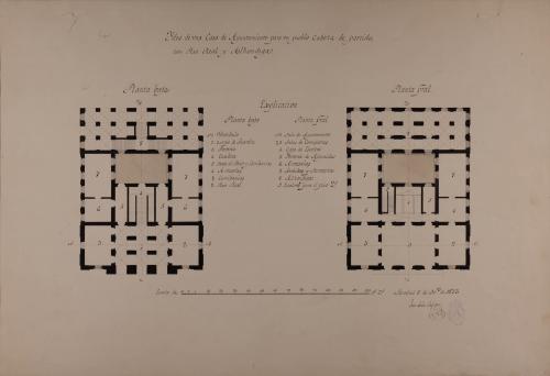 Plantas baja y principal de una casa de ayuntamiento con peso real y alhóndiga, para un pueblo cabeza de partido. 