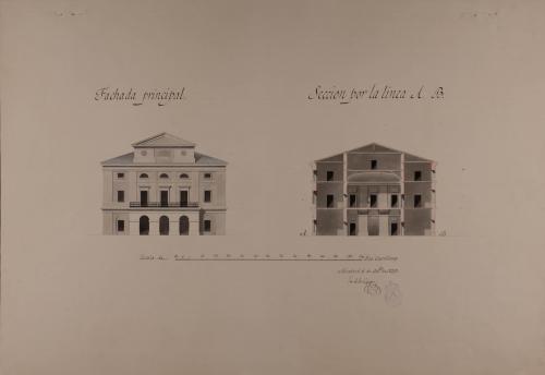 Alzado de la fachada principal y sección AB de una casa de ayuntamiento con peso real y alhóndiga, para un pueblo cabeza de partido