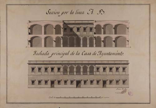 Alzado de la fachada principal y sección AB de una casa de ayuntamiento