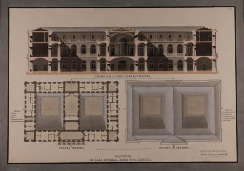 Planta segunda y de tejados, y sección AB de una casa concejil para una capital